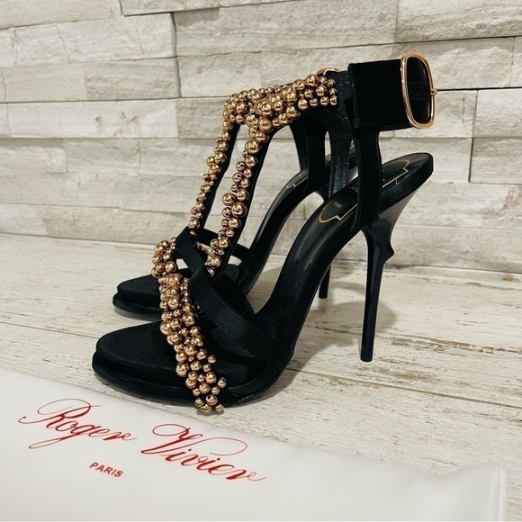 Roger Vivier Bronze Caviar Embellished Stiletto Heels Size 36.5 NWB $1795 Black - Picture 2 of 15